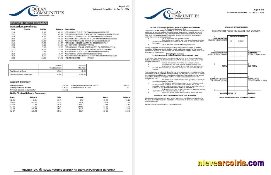 USA Maine Ocean Communities Federal Credit Union bank statement, 3 pages 2